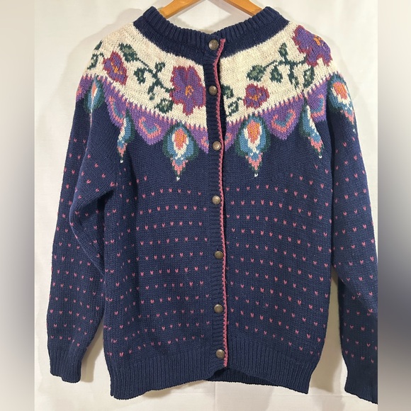 Woolrich Sweaters - Woolrich Vintage Wool Navy Blue Floral & Birds Eye Knit Cardigan Sweater Size L